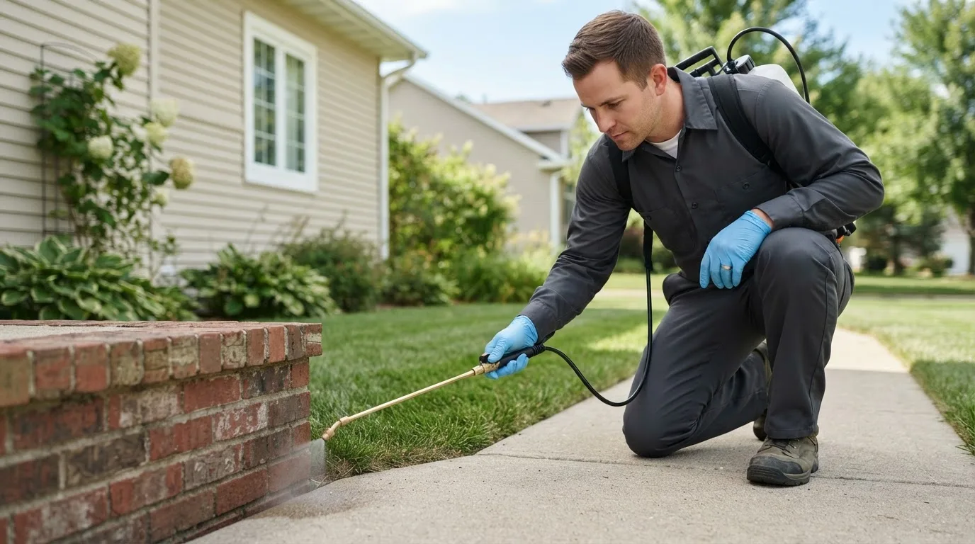 Pest control technician treating a home near Wakefield, VA